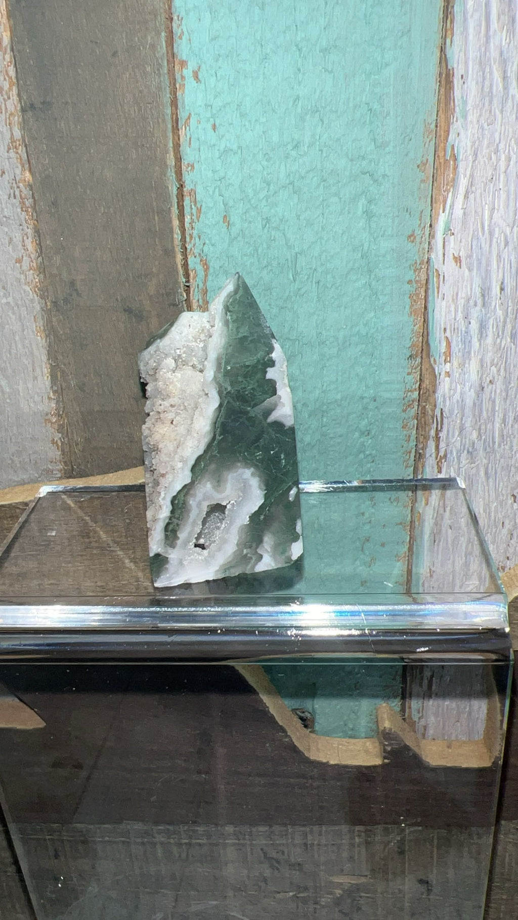 Moss Agate tower with raw druzy edge