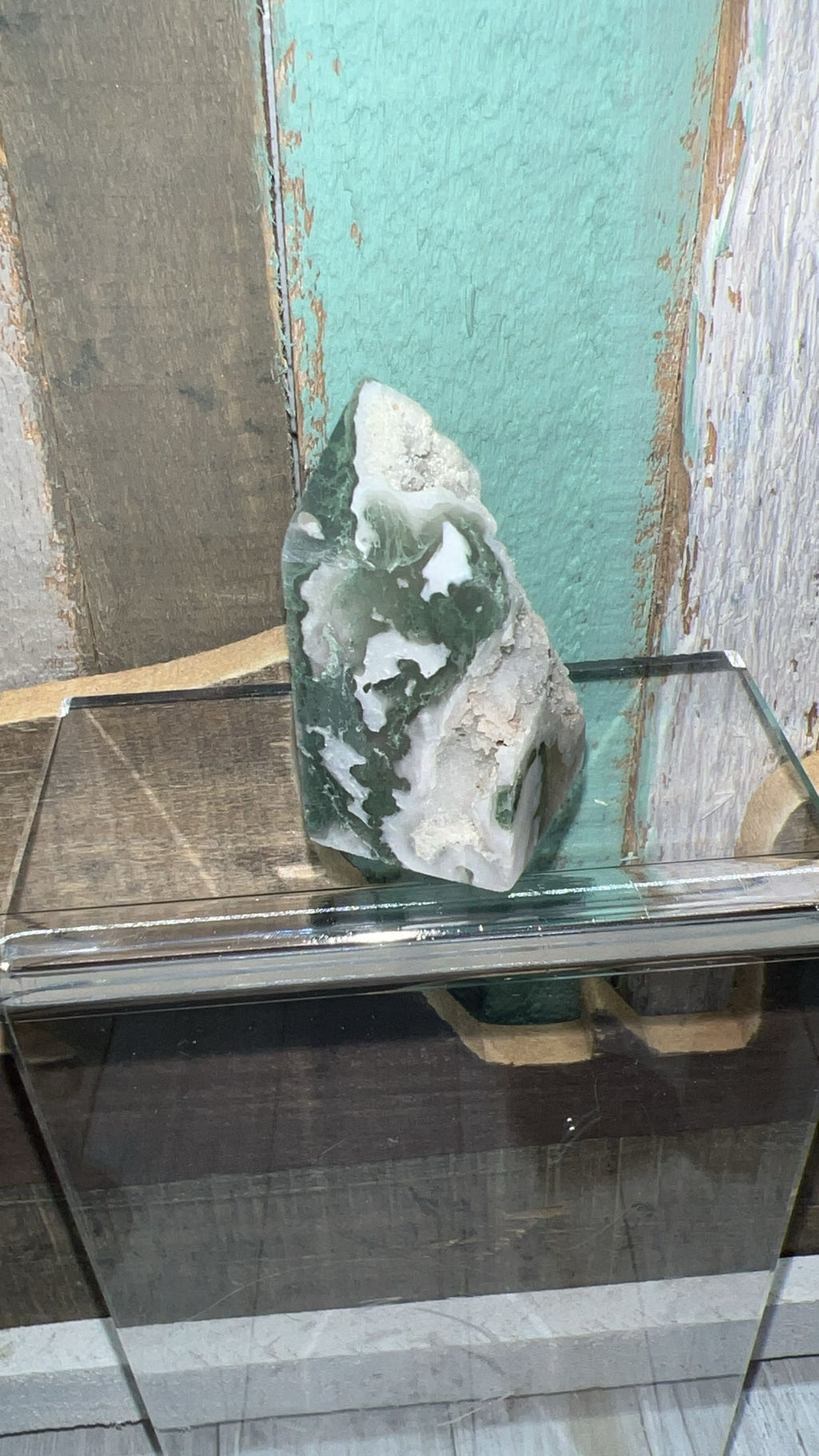 Moss Agate tower with raw druzy edge