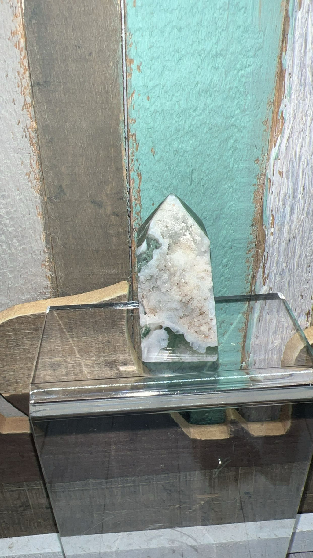 Moss Agate tower with raw druzy edge