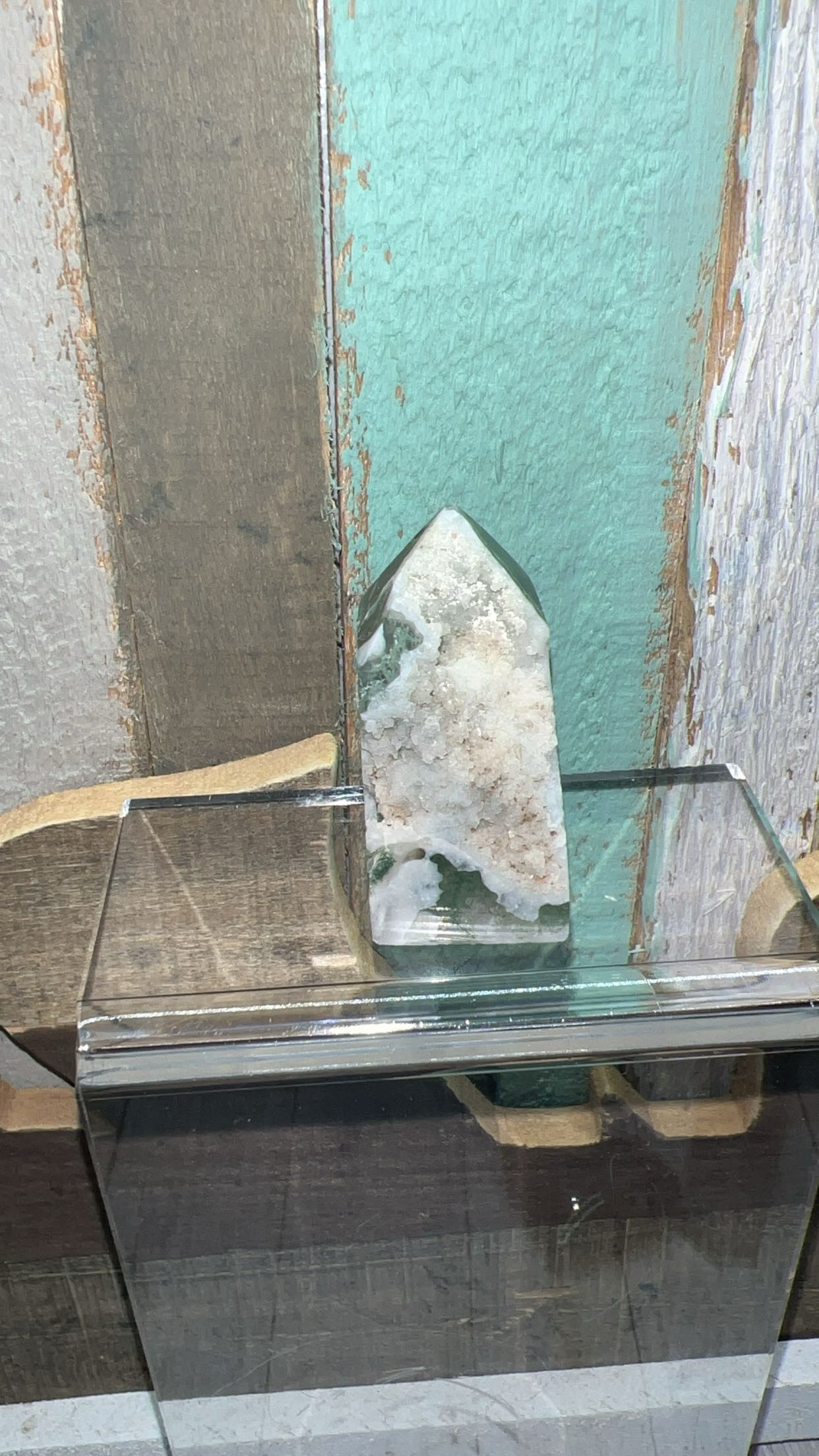 Moss Agate tower with raw druzy edge