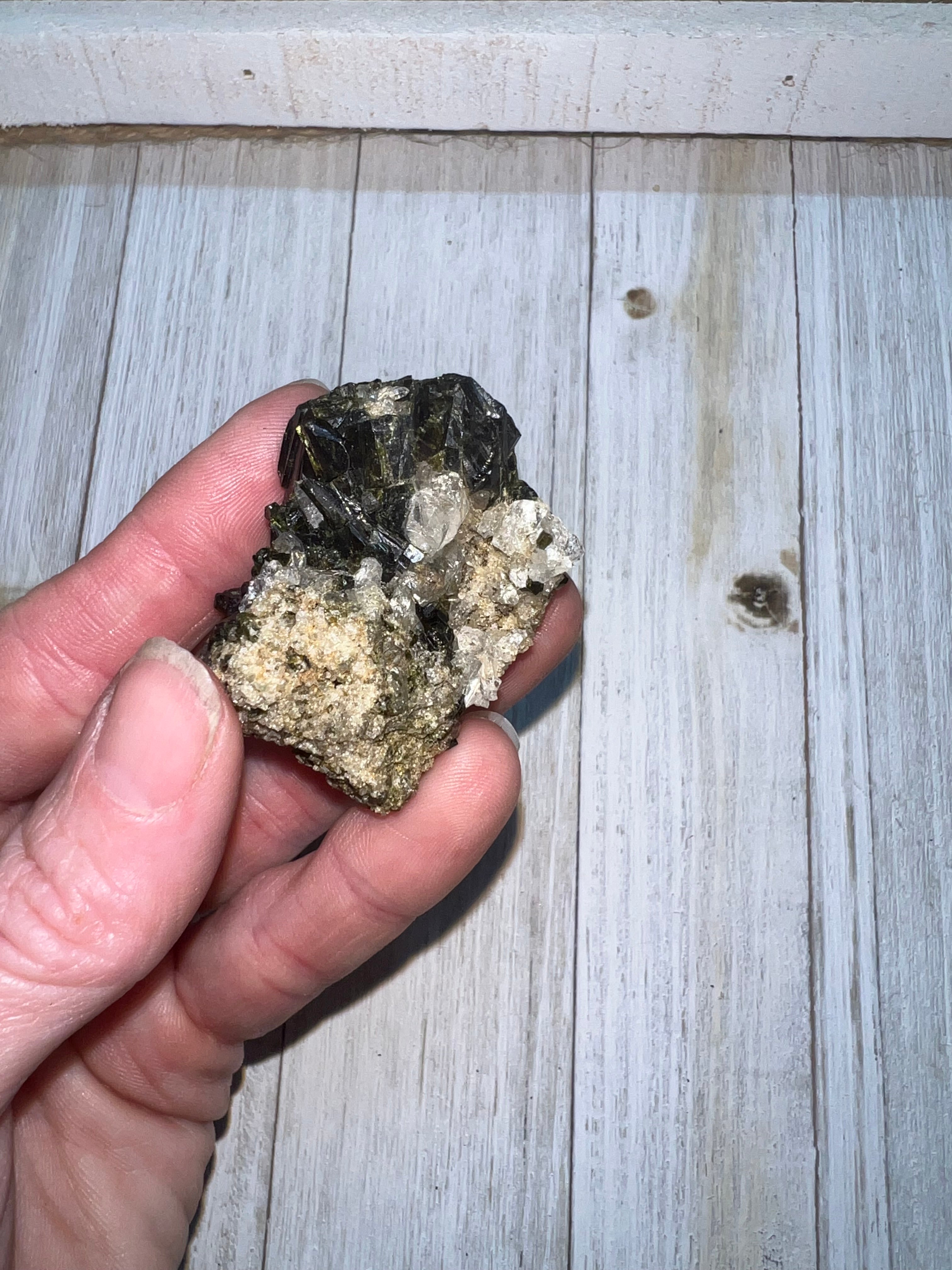Green Tourmaline specimen with quartz inclusions