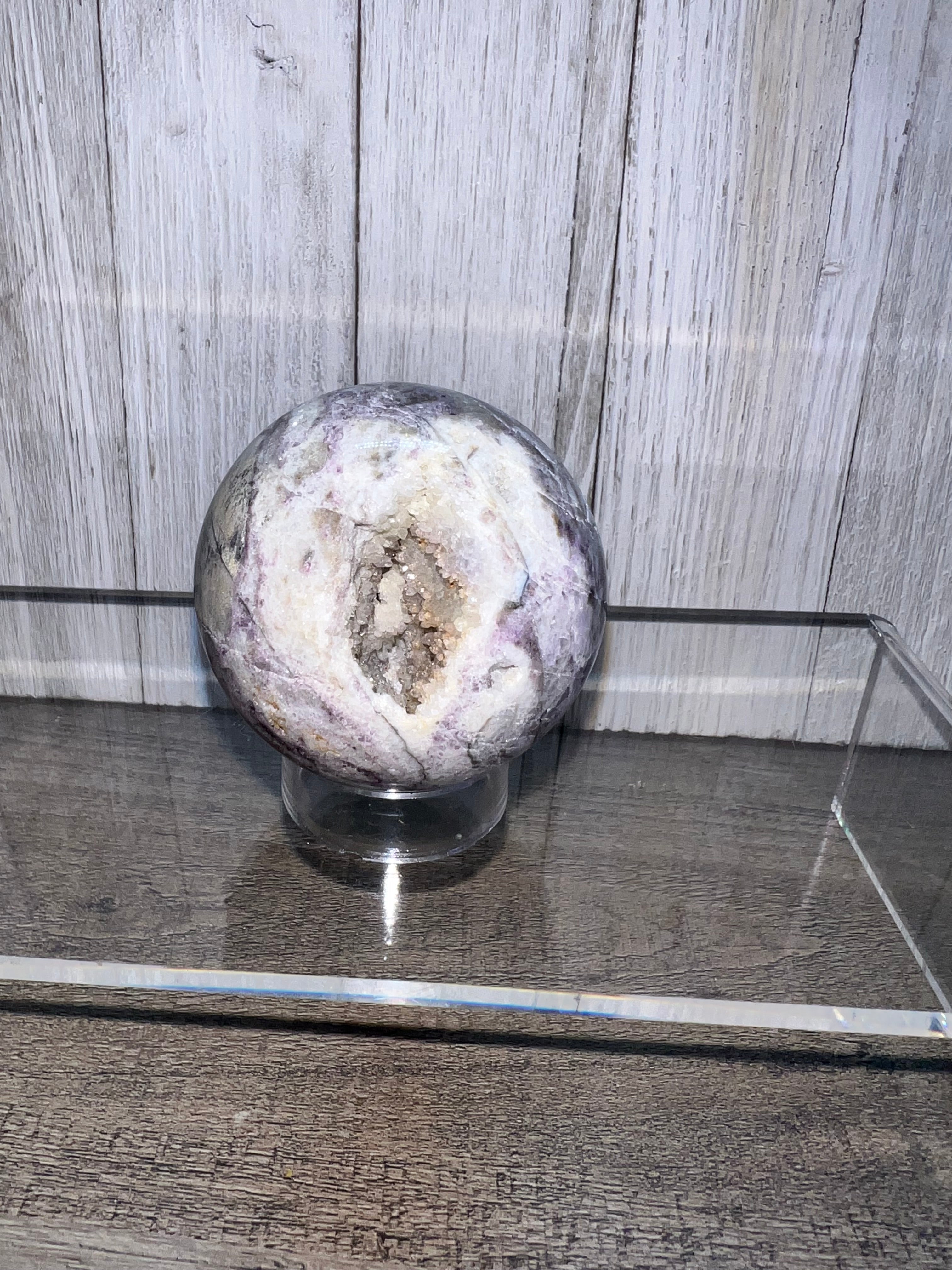 Lepidolite Sphere with druzy caves ￼