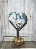 Moss Agate Heart with druzy pockets and stand
