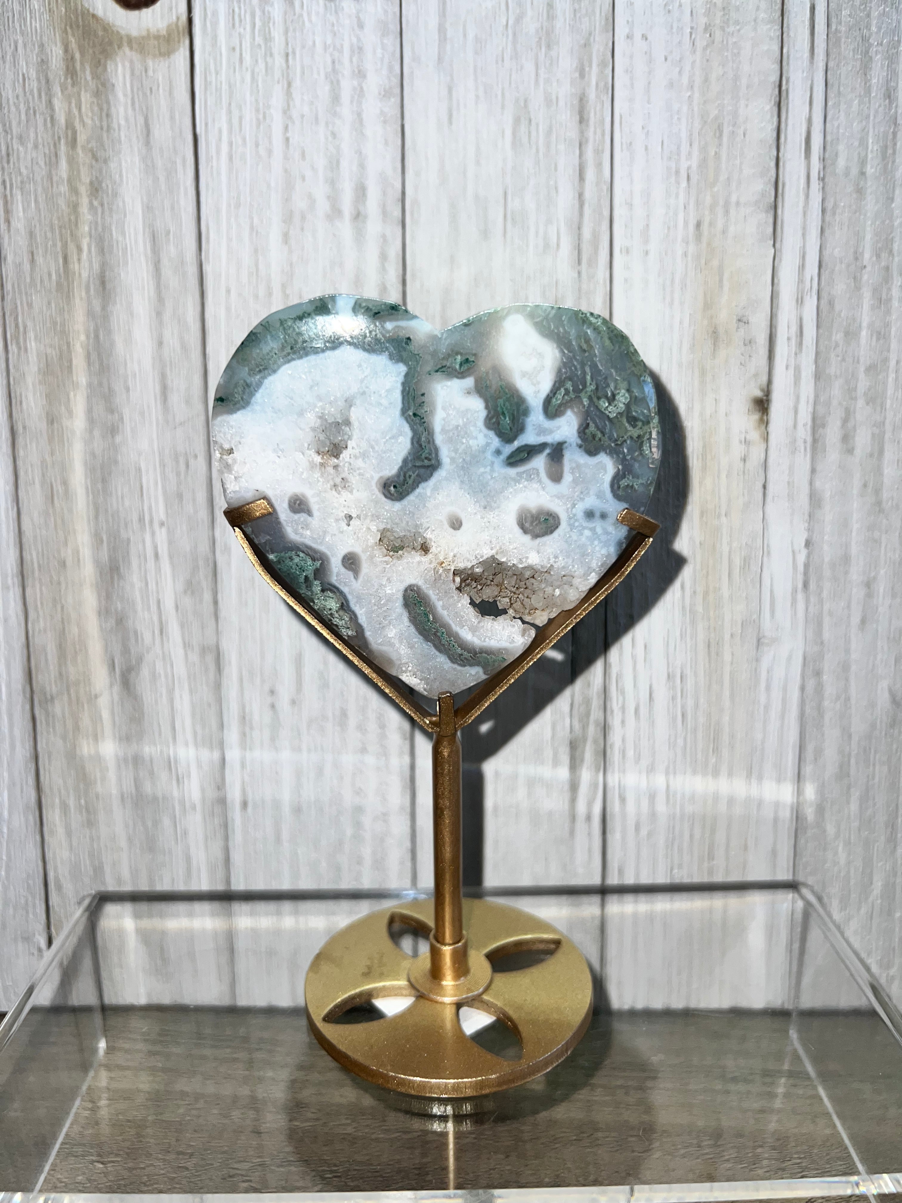 Moss Agate Heart with druzy pockets and stand