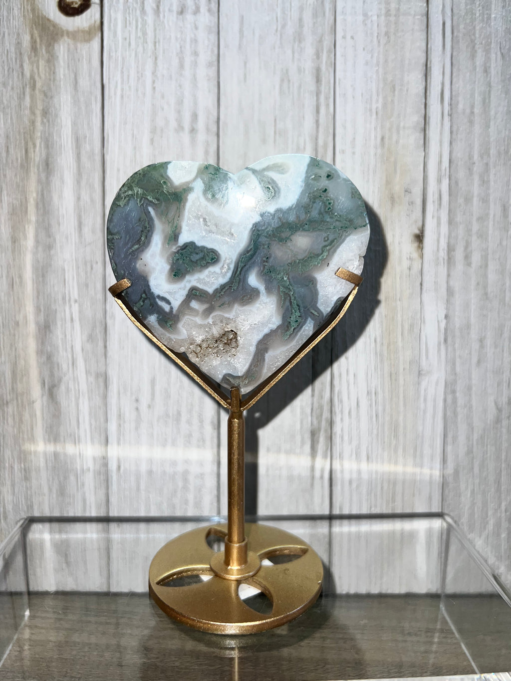 Moss Agate Heart with druzy pockets and stand