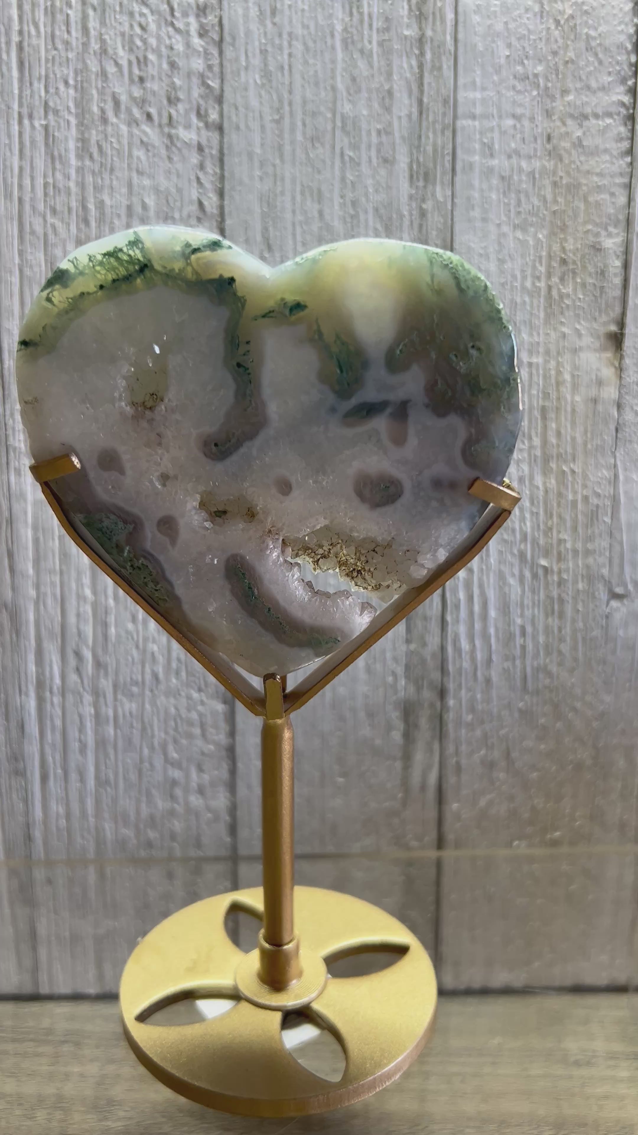 Moss Agate Heart with druzy pockets and stand